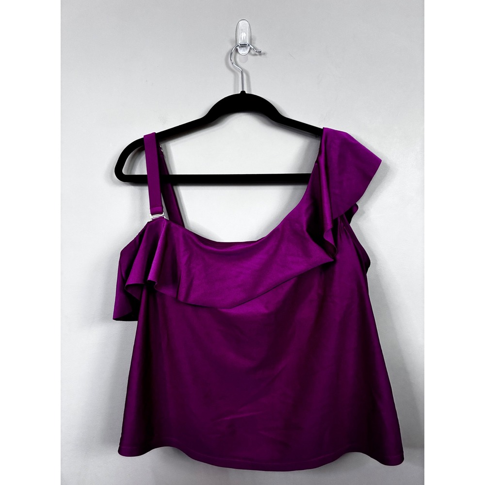 Time and Tru Womens 1X Magenta Pink One Shoulder Ruffle Tankini Top Swimsuit 3V1